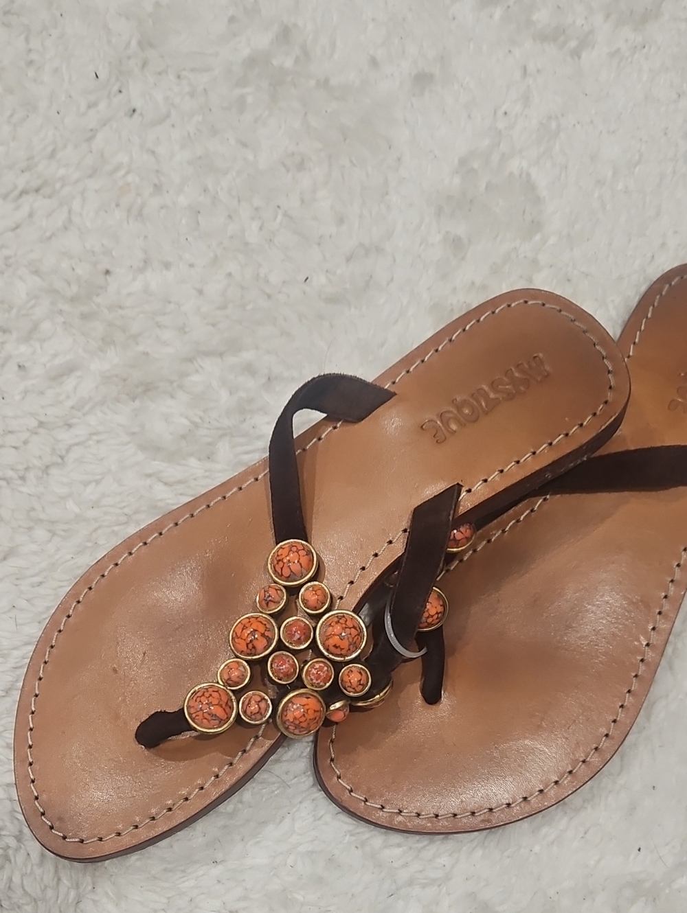 Mystique Boutique Tan Leather Thong Sandals with Orange Stone Cluster